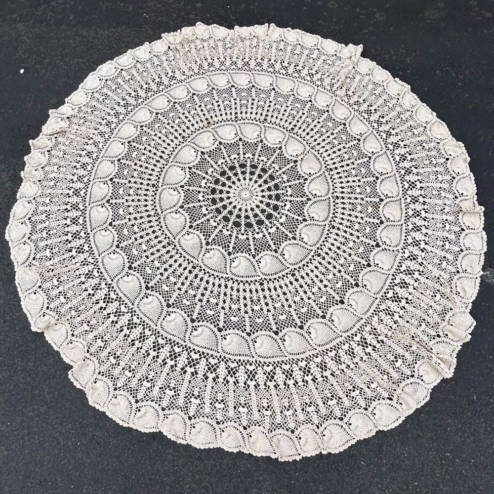 Vintage Crochet Lace Tablecloth Large 76" Round Doily Handmade Cotton Boho